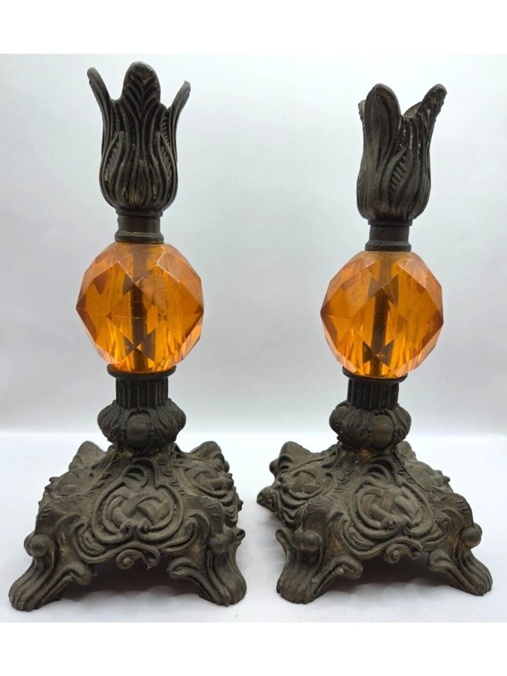 Vtg Hollywood Regency Cast Metal Amber Glass Candle Holders Pair Tulip Top 8" - Picture 2 of 12